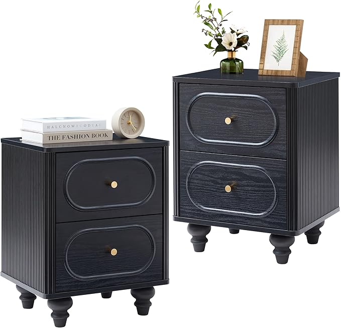 2 Drawer Fluted Mini Small Dresser for Bedroom Set of 2, Mid Century Modern Nightstand Bedside End Table, Wood Storage Dresser Organizer for Bedroom Living Room, Black