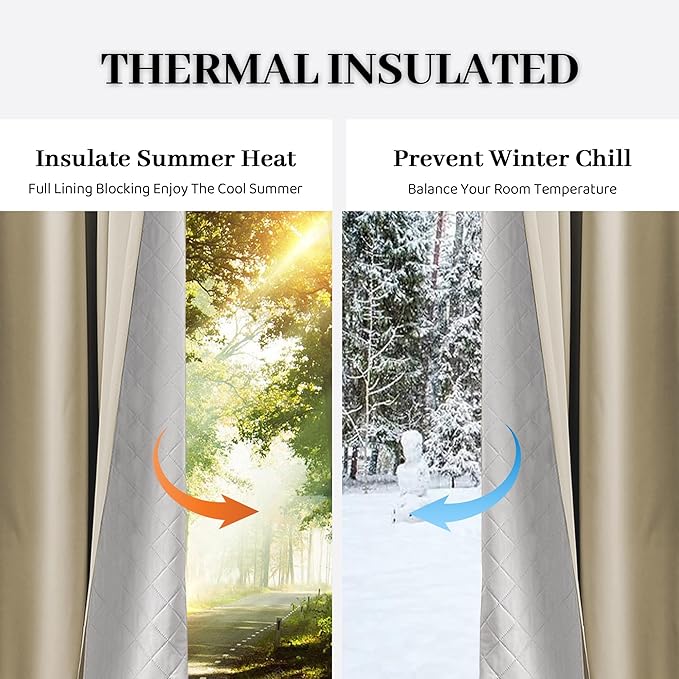 100% Blackout Thermal Insulated Curtains, 3 Layers Noise Absorbing, Soundproof Back Tab Drapes for Sliding Glass Door Baby Nursery Bedroom with Hooks, Beige 50x108 Inch Set of 1