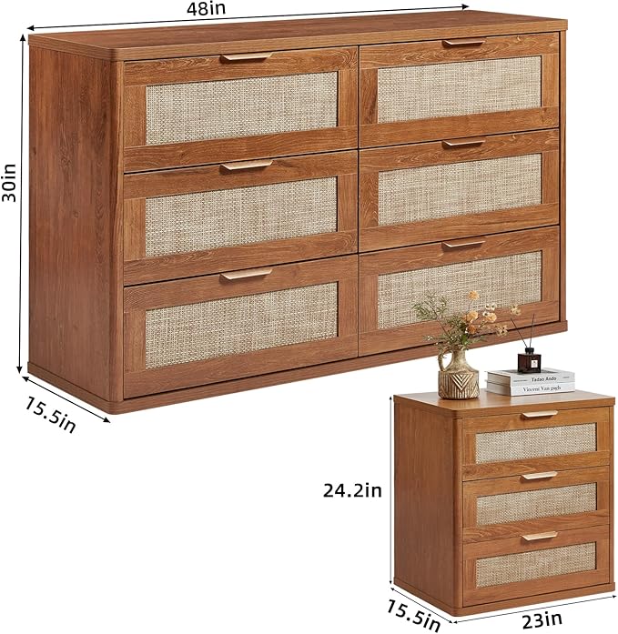 LEYAOYAO Rattan Dresser and Nightstand Set of 2, Boho Wood Dresser for Bedroom with 6 Drawers and Night Stand with 3 Drawer, Bedroom Furniture, Dressers & Chests of Drawers, Living Room, Hallway