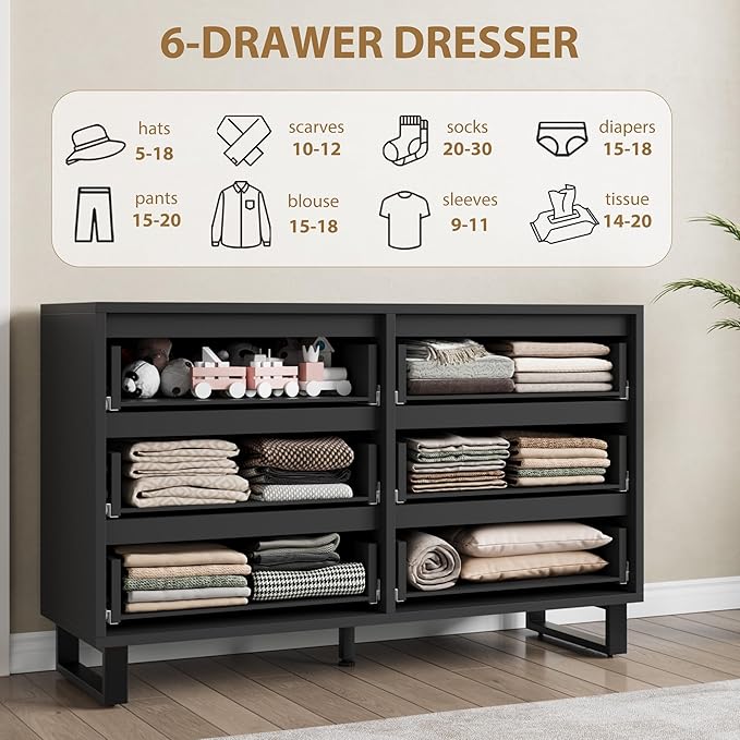 GarveeHome 6 Dresser for Bedroom, 47.2 in Wide Dresser, Freestanding Vertical Drawer Cabinet with Storage, Wooden Closet Storage Chest for Living Room, Hallway, Entryway, Black