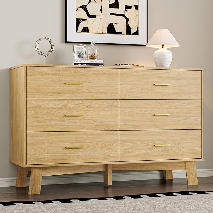 Dresser for Bedroom with 6-Drawer, 47.2" Modern Chest of Drawers with Metal Handles, X-Shape Base & Adjustable Center Leg, Anti-Tip Closet Organizers and Storage