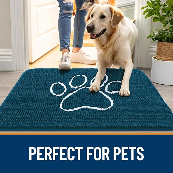 OLANLY Dog Door Mat for Muddy Paws 70x46, Paw Print Design, Absorbs Moisture and Dirt, Absorbent Non-Slip Washable Doormat, Quick Dry Chenille Mud Mat, Entry Indoor Entryway Carpet, Atlantic Blue