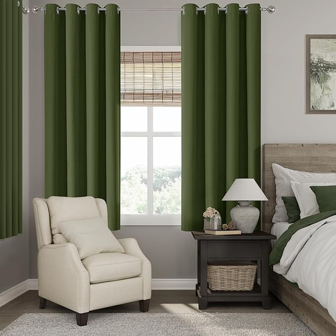 ChrisDowa 100% Blackout Olive Green Solid Curtains 63 Inches Long 2 Panels for Bedroom Living Room,Farmhouse Room Darkening Thermal Insulated Soundproof Grommet Top Window Treatment Drapes,52x63