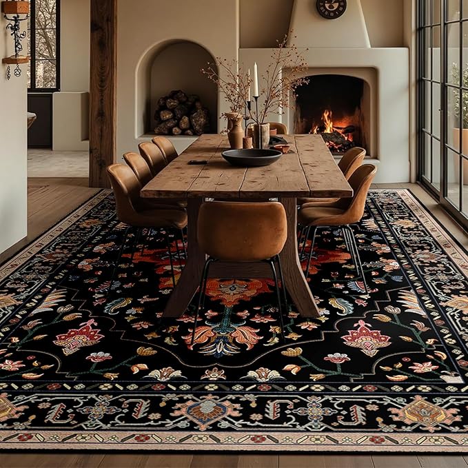 Area Rugs 10'x12' Washable Non-Slip, Floral Vintage Distress Print Pattern Medallion Carpet for Living Room Bedroom Dining Room, Black Colorful Floral Dark Tan