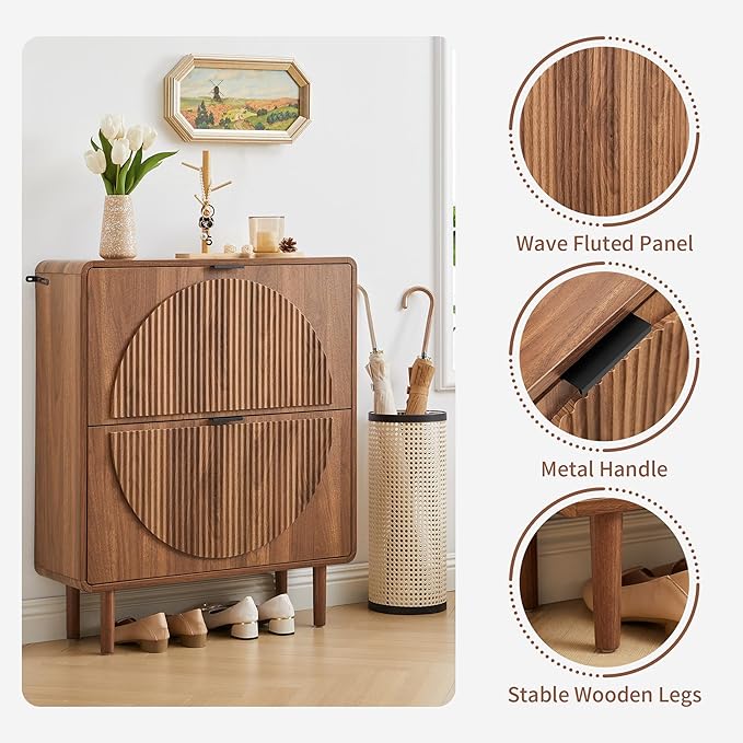 Turtle&Myrtle Modern Shoe Storage Cabinet for Entryway, Narrow Shoe Organizer Cabinet, 2-Tier Flip Down Drawers, Small Freestanding Hidden Wood Slim Shoe Rack,Round Fluted Pattern (Walnut)