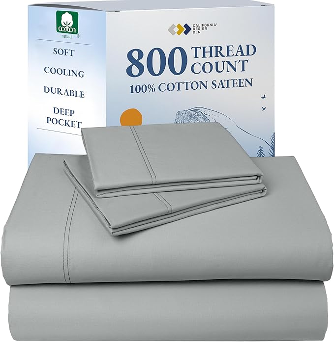 California Design Den King Size Bed Sheets Set - 100% Cotton Sheets, Buttery Soft 800 Thread Count Sateen, Durable Bedding Set - Light Grey