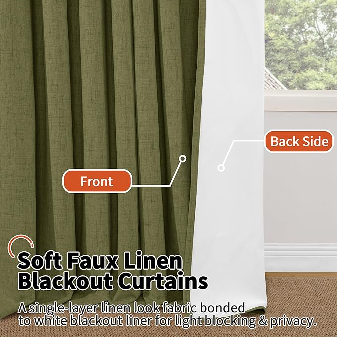 Linen Blackout Curtains 90 Inch Long, Olive Green Extra Long Curtains for Bedroom Living Room Modern Farmhouse, Thermal Light Blocking Faux Linen Energy Save Drapes Each 52x90 Inch 2 Panels