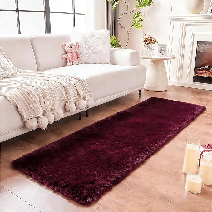 duduta Burgundy Plush Runner Rugs 2x6 ft, Fluffy Shag Rug for Bedroom Nursery Bedside, Machine Washable Non Slip