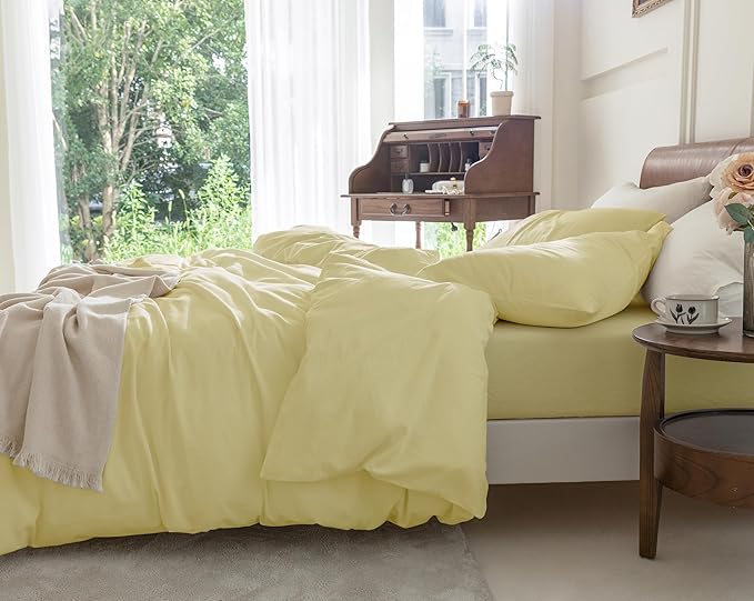 FOSSA Duvet Cover Set 100% Washed Cotton Linen Feel Super Soft Breathable Cozy 3 Pieces Bedding Sets Solid Pastel Yellow Twin