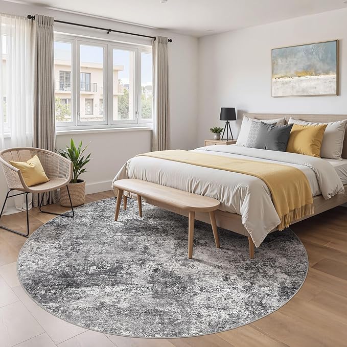 8ft Round Area Rug Living Room Rugs - 8x8 Washable Large Soft Indoor Neutral Modern Abstract Low Pile Rug Carpet for Bedroom Dining Room Farmhouse Home Office - Grey