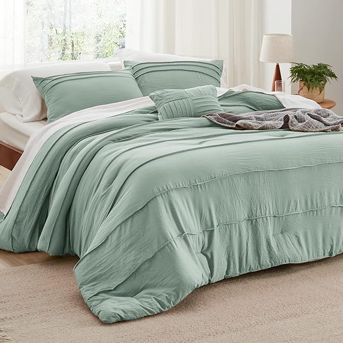 Bedsure King Comforter Set - 4 Pieces Pinch Pleat Bed Set, Sage Green Boho Bedding for All Season, 1 Soft Comforter, 2 Pillowcases, 1 Decorative Pillow