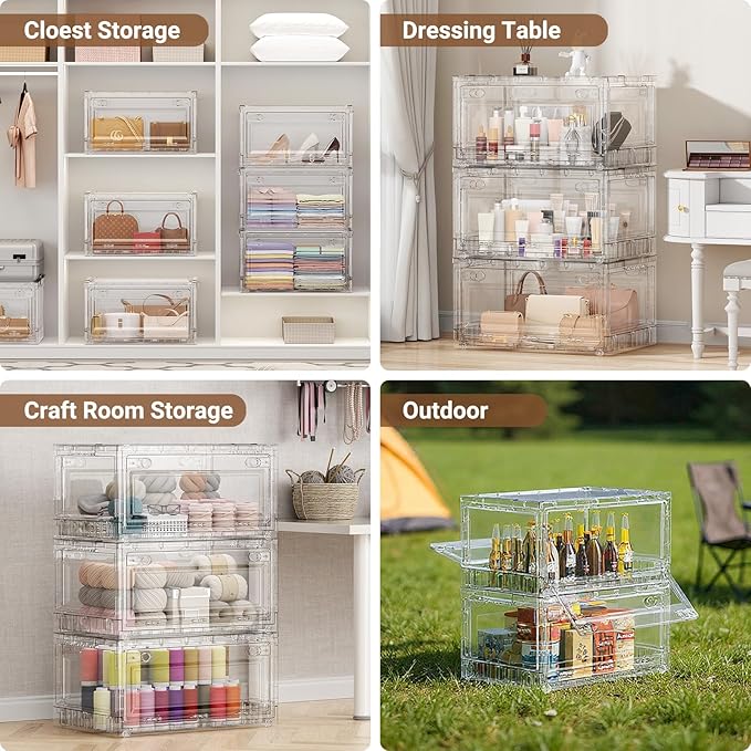 BROVIEW 240Qt Stackable Storage Bins with Lids Wheels, XL Clear Plastic Drawers Foldable Closet Organizers and Storage Cabinet Display Box Shelves with Front & Back Doors, for Home Office Garage,3Pack