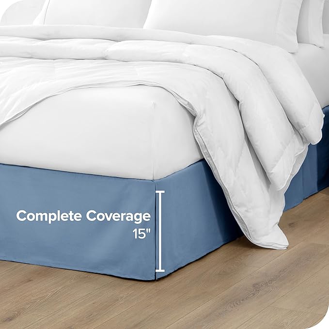 Bare Home Queen Bed Skirt - 15-Inch Tailored Drop Easy Fit - Bed Skirt for Beds - Center & Corner Pleats (Queen, Coronet Blue)