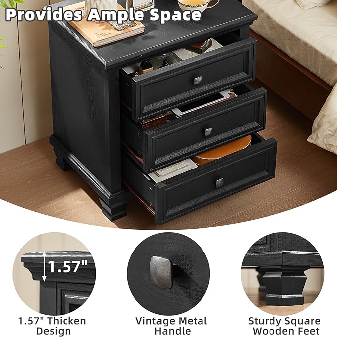 Farmhouse Nightstand with 3 Drawers, Rustic Couch End Table with 4 Square Solid Wood Legs, Mid-Century Modern Bed Side Table with Storage, Small Dresser for Bedroom, Living Room, Black
