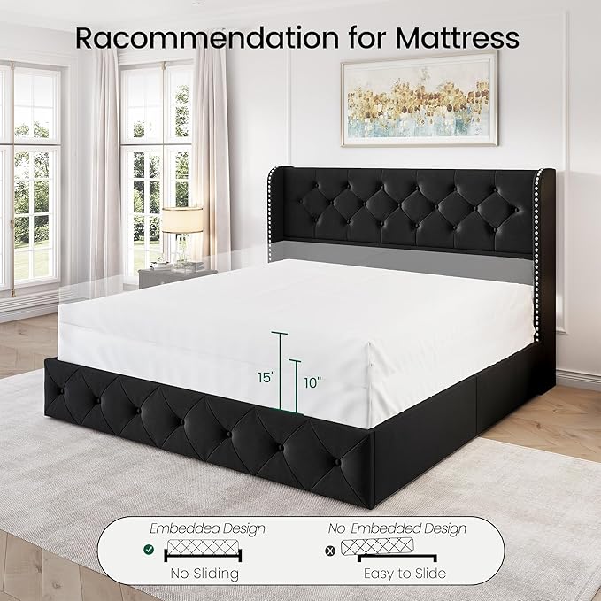 LARMACE Queen Size Bed Frame with 4 Storage Drawers and Wingback Headboard Upholstered Platform Beds Velvet Tufted Bed Frame with Wooden Slats Support, Easy Assembly, Black