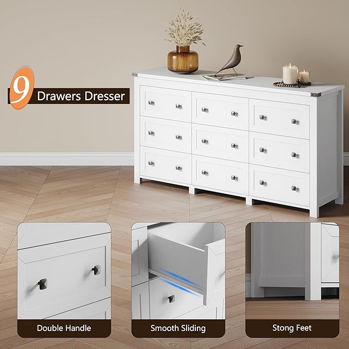 Dresser for Bedroom with 9 Drawers, Farmhouse Wood Chest of Drawers, Wide TV Stand Closet Storage Furniture with Metal Handle, Modern Clothes Organizer for Hallway, Living Room, Entryway, White