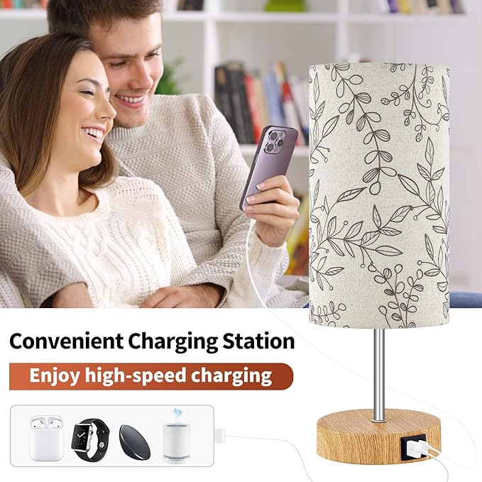 Bedside Touch Lamp, Wood Small Table lamp for Bedroom with 2 USB Charging Ports & Flower Fabric Shade, 3-Way Dimmable Nightstand Lamps for Living Room Office Reading Desk Home Dorm(LED Bulb Included)