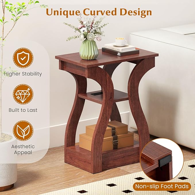 Giantex Narrow End Tables with Charging Station Set of 2, Wood Sofa Side Tables with Open Storage Shelves, Bedside Tables with USB Ports & Outlets, Vintage Nightstands for Living Room, Bedroom, Cherry
