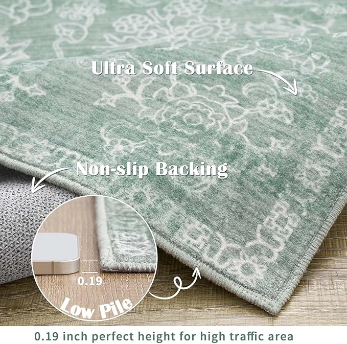 jinchan Runner Rug 2x5 Green Kitchen Rug Hallway Runner - Machine Washable Vintage Floral Non-Slip Low Pile Soft Ultra-Thin Distressed Carpet for Entryway Farmhouse Bedroom Laundry Room (2’x5’, Green)