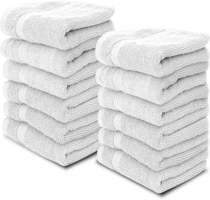 White Classic Luxury Cotton Washcloths 13x13 Inch - 650 GSM Turkish Cotton | Hotel, Spa, Bathroom Face Towel | 12 Pack, Silver