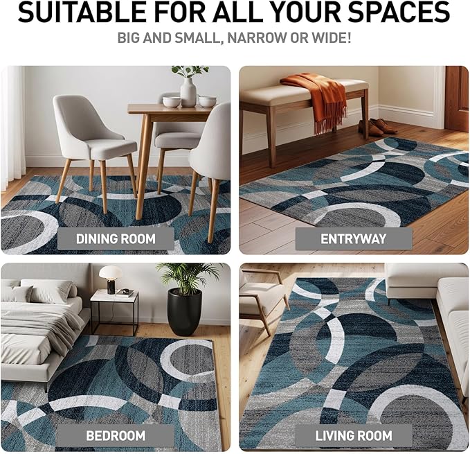 Rugshop Blue Modern Geometric Indoor Small Area Rug, Overlapping Circle Pattern, Fade Resistant, Non-Shedding, for Bedroom, Home Office and Reading Nook, 3'3" x 5'
