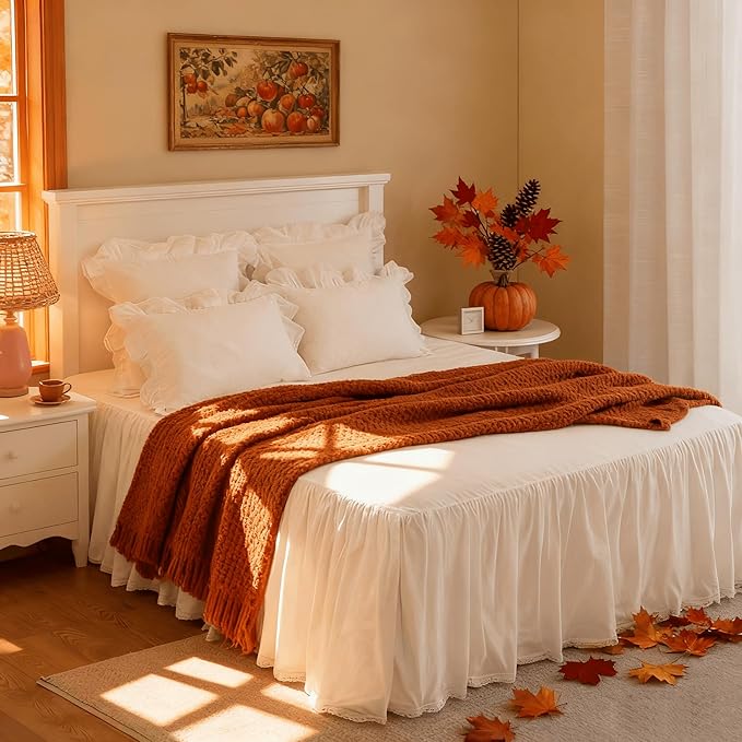 Queen Size 18" Drop - White Lightweight Cotton Bed Skirt with Crochet Edge - Dust Ruffle Whth Split Corner - Soft, Elegant, Breathable Bedding Accessory