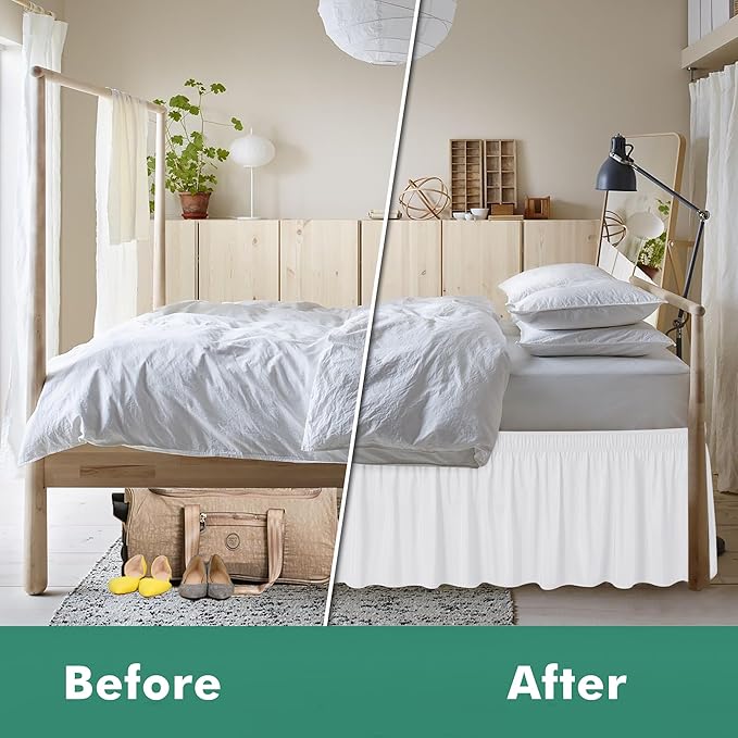 Biscaynebay Wrap Around Bed Skirts with Split Corners for Full Beds 12" Drop, White Adjustable Elastic Dust Ruffles Easy Fit Wrinkle & Fade Resistant Silky Luxurious Fabric Machine Washable
