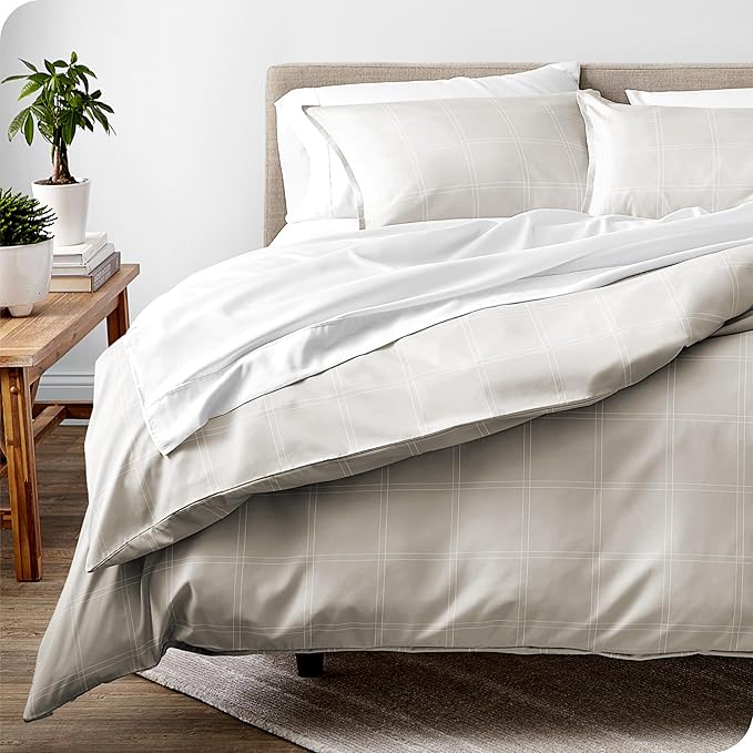Bare Home Bedding Duvet Cover Extra Long Size - Premium 1800 Super Soft - Lightweight, Duvet Cover - Soft Textured Bedding (Twin/Twin XL, Modern Plaid - Stone/White)