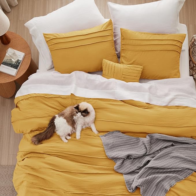 Bedsure King Comforter Set - 4 Pieces Pinch Pleat Bed Set, Mustard Yellow Boho Bedding for All Season, 1 Soft Comforter, 2 Pillowcases, 1 Decorative Pillow