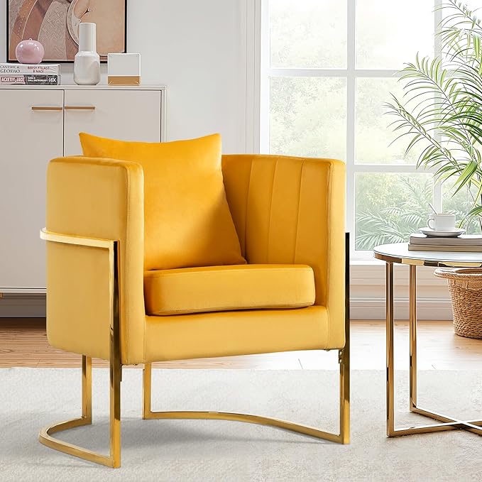 Velvet Modern Accent Chair, Upholstered Barrel Armchair Mid Century with Pillow for Living Room, Comfy Single Vanity Chair with Metal Gold Legs for Bedroom, Yellow