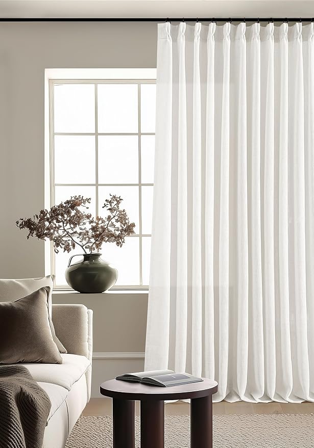 Beige White 70 Inch Wide Curtains 90 Inches Long for Living Room Light Filtering Semi Sheer Modern Farmhouse Pleated Curtain with Hooks Rings for Patio Sliding Door Dining Room Large Window 1 Panel