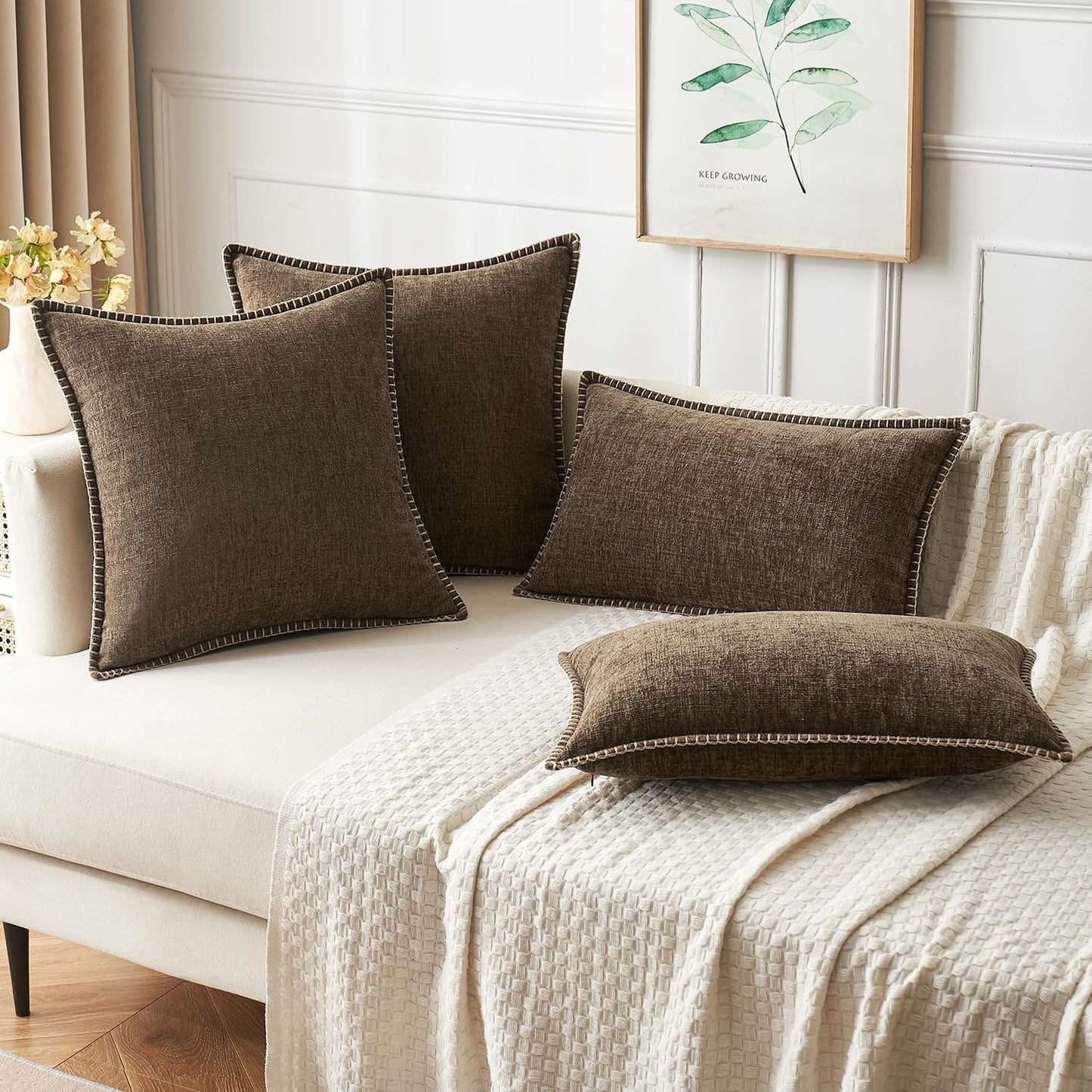 MIULEE Pack of 2 Couch Throw Pillow Covers 24x24 Inch Brown Farmhouse Decorative Pillow Covers with Stitched Edge Soft Chenille Solid Dyed Spring Pillow Covers for Sofa Bed Living Room