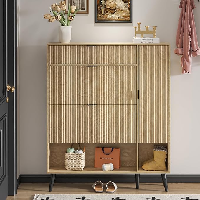 Shoe Storage Cabinet with 2 Flip Drawers, Narrow Shoe Cabinet for Entryway, Freestanding Slim Hidden Shoe Organizer Cabinet with Doors, Adjustable Shelf, Open Storage Space (Wood)