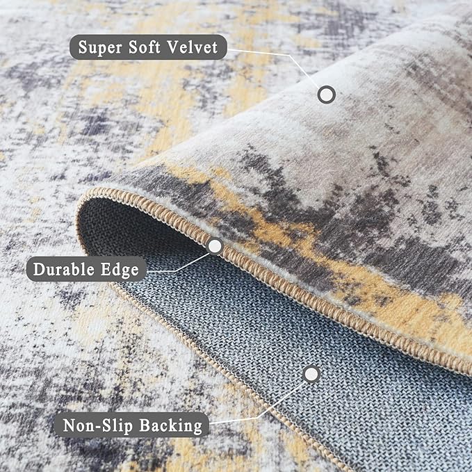 8x10 Area Rugs for Living Room, Non-Slip Backing Washable Rug 8x10, Large Area Rug Soft Carpet for Bedroom Dining Room, Modern, Easy Clean, Durable, Low Pile Rug Under Table, Yellow