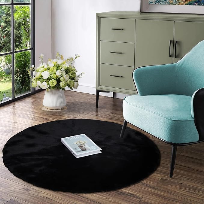 Latepis Fluffy Round Area Rugs 4ft Black Shag Rug Circle Faux Fur Rabbit Rug for Living Room Bedroom Furry Carpet for Nursery Kids Rugs Cute Room Decor