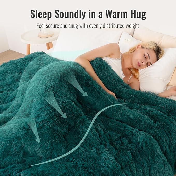 Uttermara Shaggy Faux Fur Weighted Blanket Queen Size, 12 lbs Long Fur Sherpa Soft Fluffy Bed Blanket for Adults, Ultra Cozy Warm Sherpa Throw Full Size Sofa Bed Blanket, 48 x 72inches, Forest Green