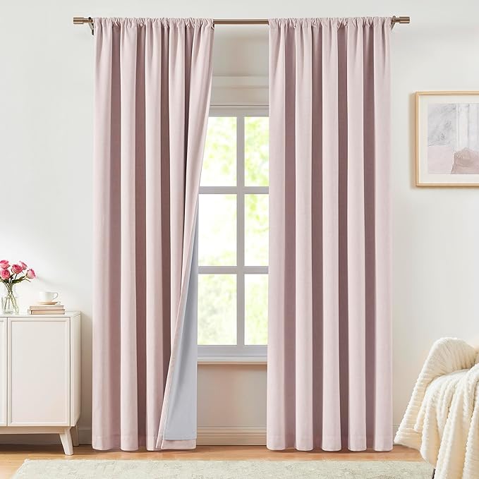 Vision Home Pink Linen Full Blackout Curtains for Bedroom Living Room Darkening Soundproof Window Curtains 102 inch Thermal Insulated Rod Pocket Back Tab Linen Drapes 2 Panels 56" Wx102 L