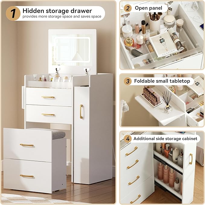 3 in 1 Vanity Desk with Flip Top Mirror, LED Lights, Side Cabinet,Collapsible Desk Panel, Hidden Stool with Storage, Small Makeup Vanity Table with Power Outlets, Compact Vanity, White PT01DTW