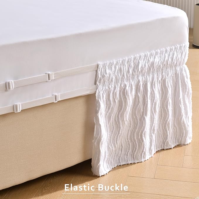 MIYE Wavy Tufted Bed Skirt - Wrap Around Dust Ruffle with Elastic Belts - 12.5 Inch Drop Easy to Put On - Bedskirt Machine Washable ＆ Wrinkle Resistant(Wavy/White, King/Queen-12.5 Drop)