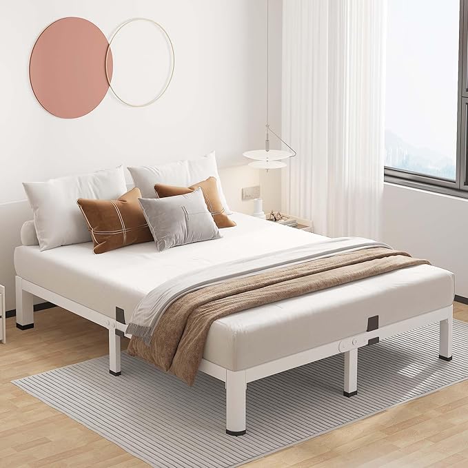 ROIL 7 Inch White King Bed Frame with Rounded Corner and Mattress Retainers, 3500LBS Heavy Duty Steel Slats No Box Spring Needed Platform Noise-Free Easy Assembly