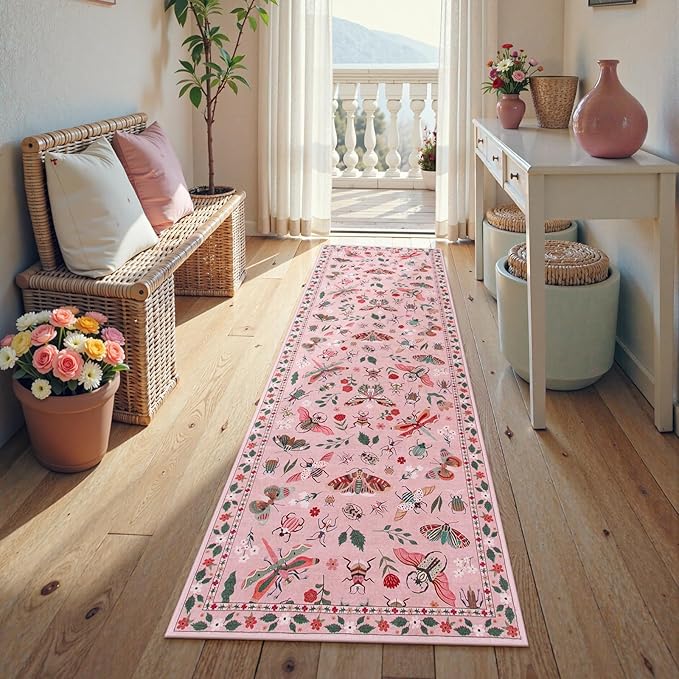 Lahome Insect Washable Runner Rug, 2x6 Kitchen Runners for Hallways 6 Feet Non Slip, Soft Laundry Room Rug Ultra-Thin Long Carpet for Bathroom Bedroom Entryway, Pink