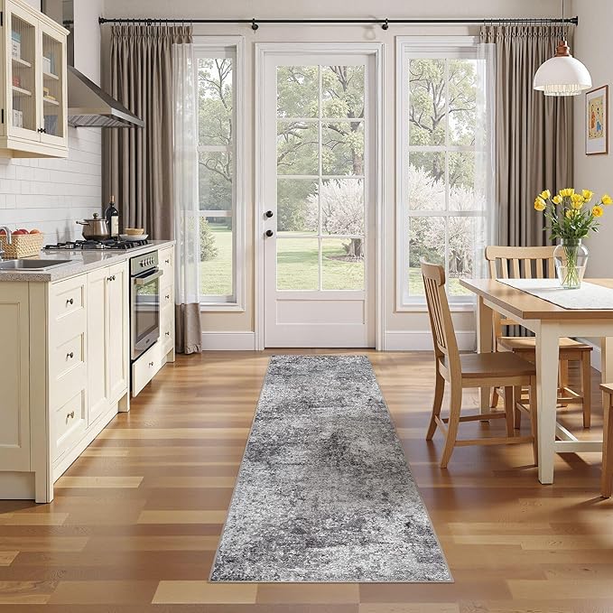 Washable Runner Rug for Hallway: 2.6x8 Neutral Modern Abstract Low Pile Area Rug with Non-Slip Backing - Carpet for Bedroom Kitchen Laundry Entryway Bathroom Indoor - Grey