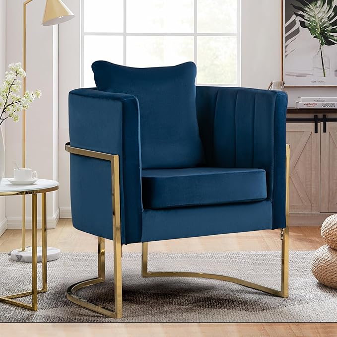 Velvet Accent Chairs Set of 2, Mid Century Modern Upholstered Armchair with Pillow for Living Room, Comfy Barrel Single Vanity Chair with Metal Gold Legs for Bedroom, Blue