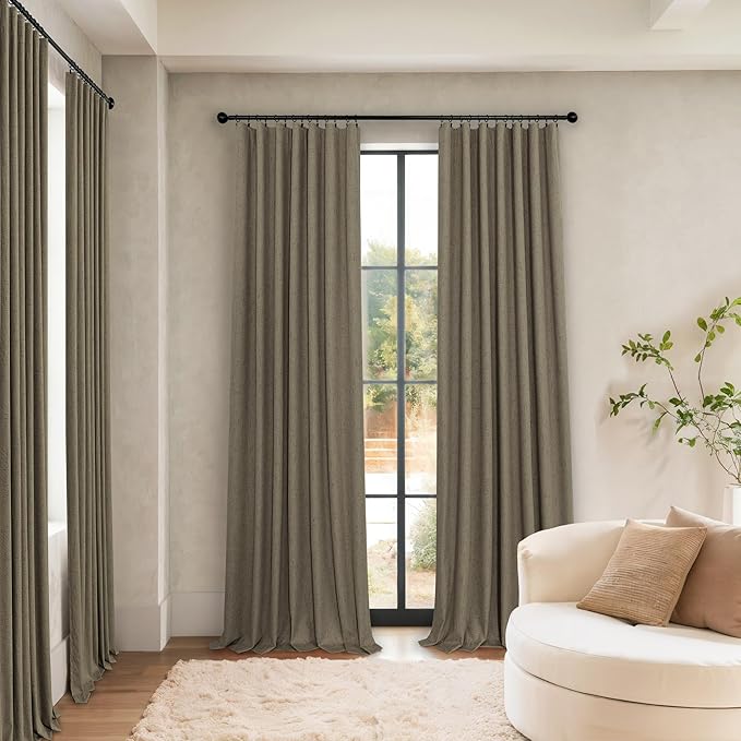Linen Brown Curtains for Bedroom 84 Inch Long 2 Panel Burg 100% Blackout Back Tab Pleated Look Drape Light Blocking Thermal Insulated Burlap Farmhouse Black Out Curtain for Living Room 52x84 in Length