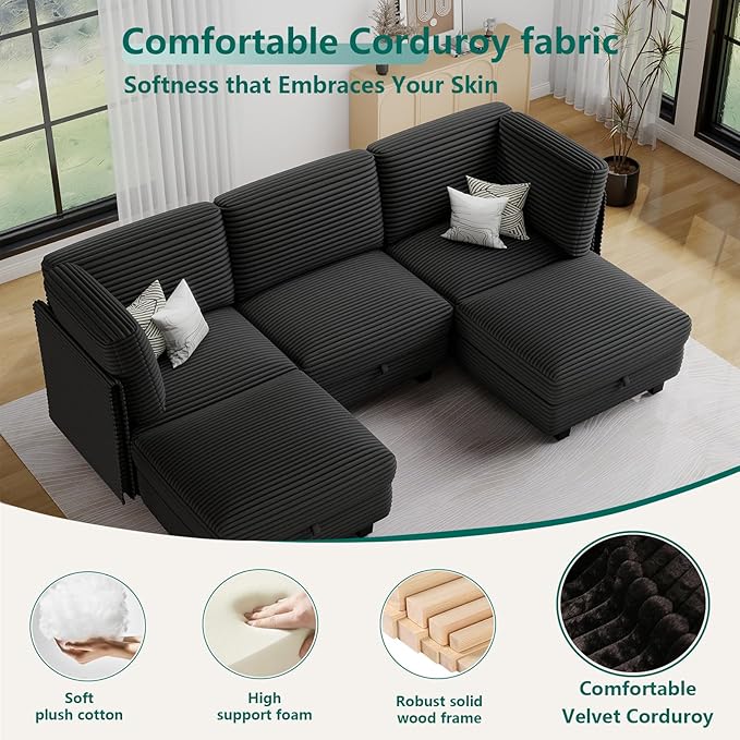 Modular Sectional Sofa with Adjustable Backrest,Large Convertible L/U-Shaped Sleeper Couch for Living Room,Cloud Sofa Bed Modern Reversible Design,Black
