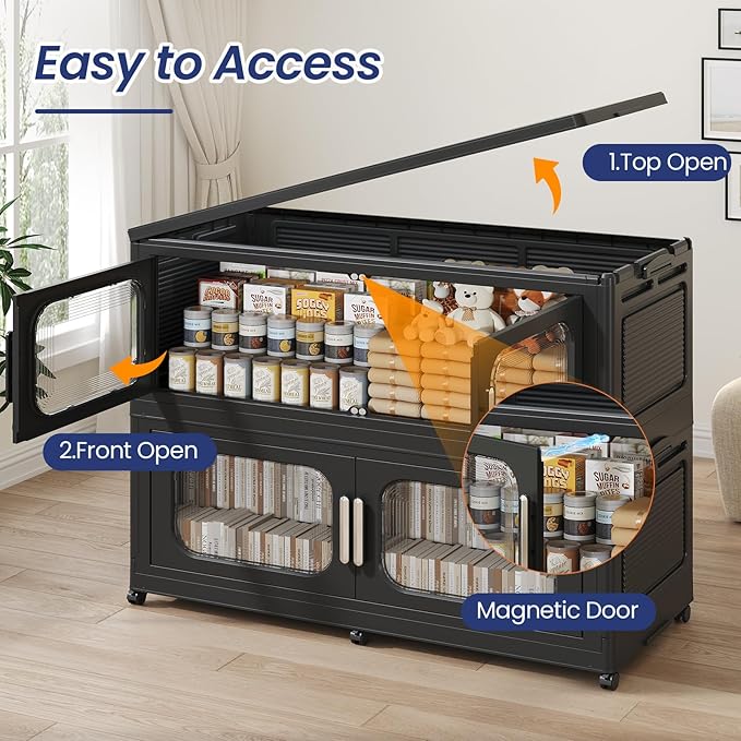 150 Gallon Extra Large Storage Bin with Lid and Wheels, Stackable Collapsible Plastic Storage Box with Door, Foldable Organizer for Closet, Kitchen, Office, Living Room, 3 Pack Black