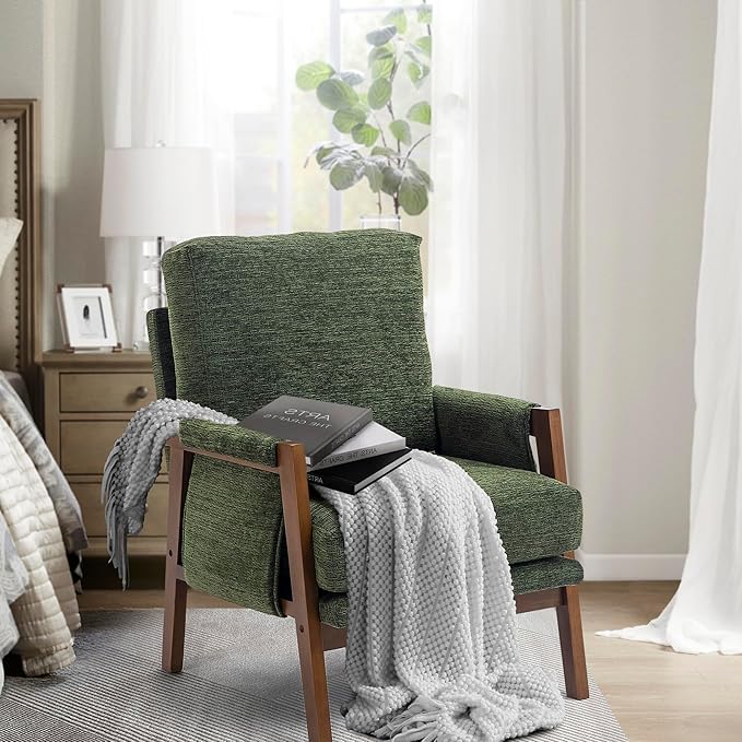 Green Accent Chairs for Living Room Set of 2, Modern Arm Chairs for Bedroom, Wooden Upholstered Mid Century Accent Chairs, Fabric