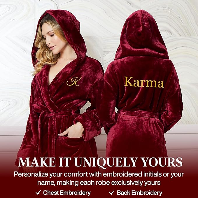 Lotus Linen Plush Robes for Women - Soft Bathrobe, Custom Monogram, Warm Fleece Robe with Pockets