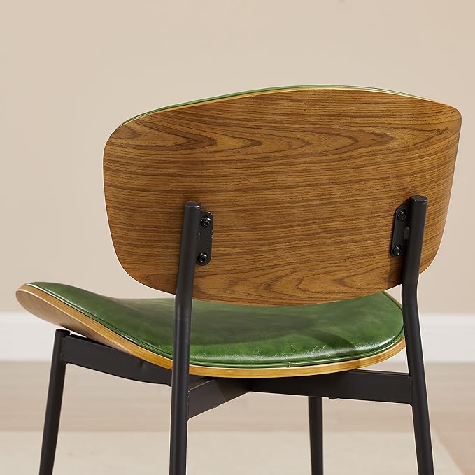 Art Leon Dining Chairs Set of 4 - Walnut Bentwood, Mid Century Modern Dining Room Chairs, Faux Leather Upholstered Desk Chair with Black Metal Legs, Green