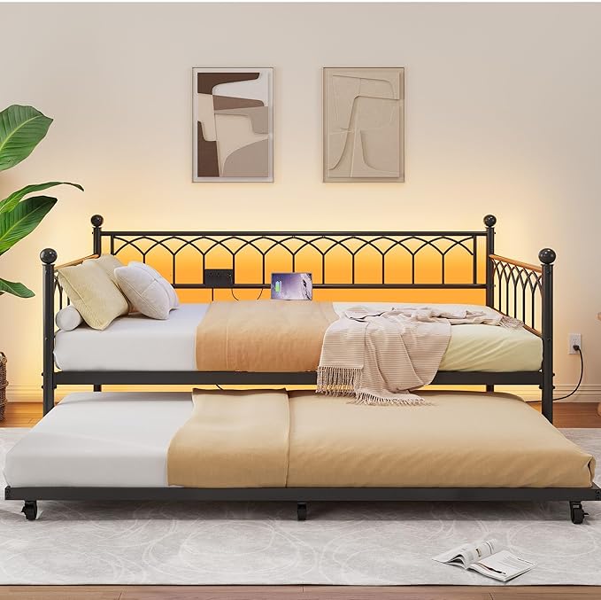 GarveeHome Daybed with Trundle, Metal Twin Trundle Bed with Charging Station & LED Lights, Sofa Beds Frame with Pull Out Bed for Living Room, Guest Room, Apartment, Small Spaces, Black